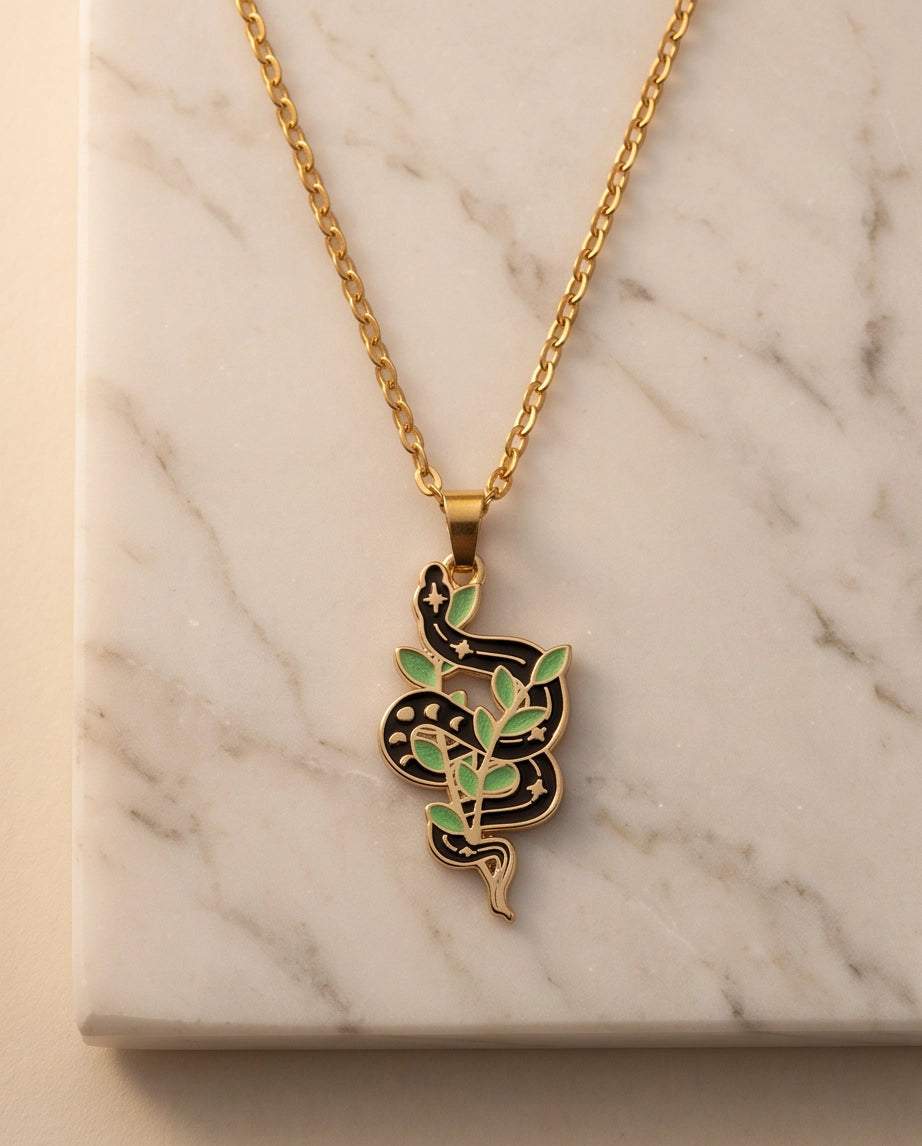 Gold Botanical Snake Enamel Pendant Necklace