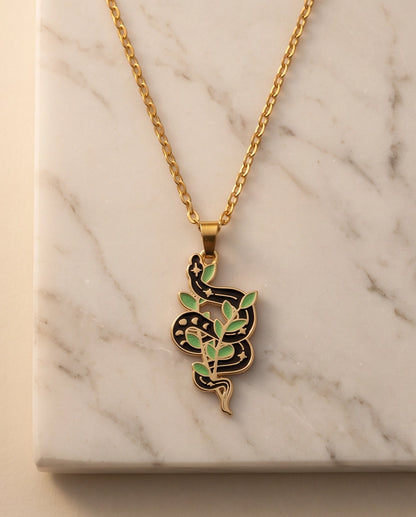 Gold Botanical Snake Enamel Pendant Necklace