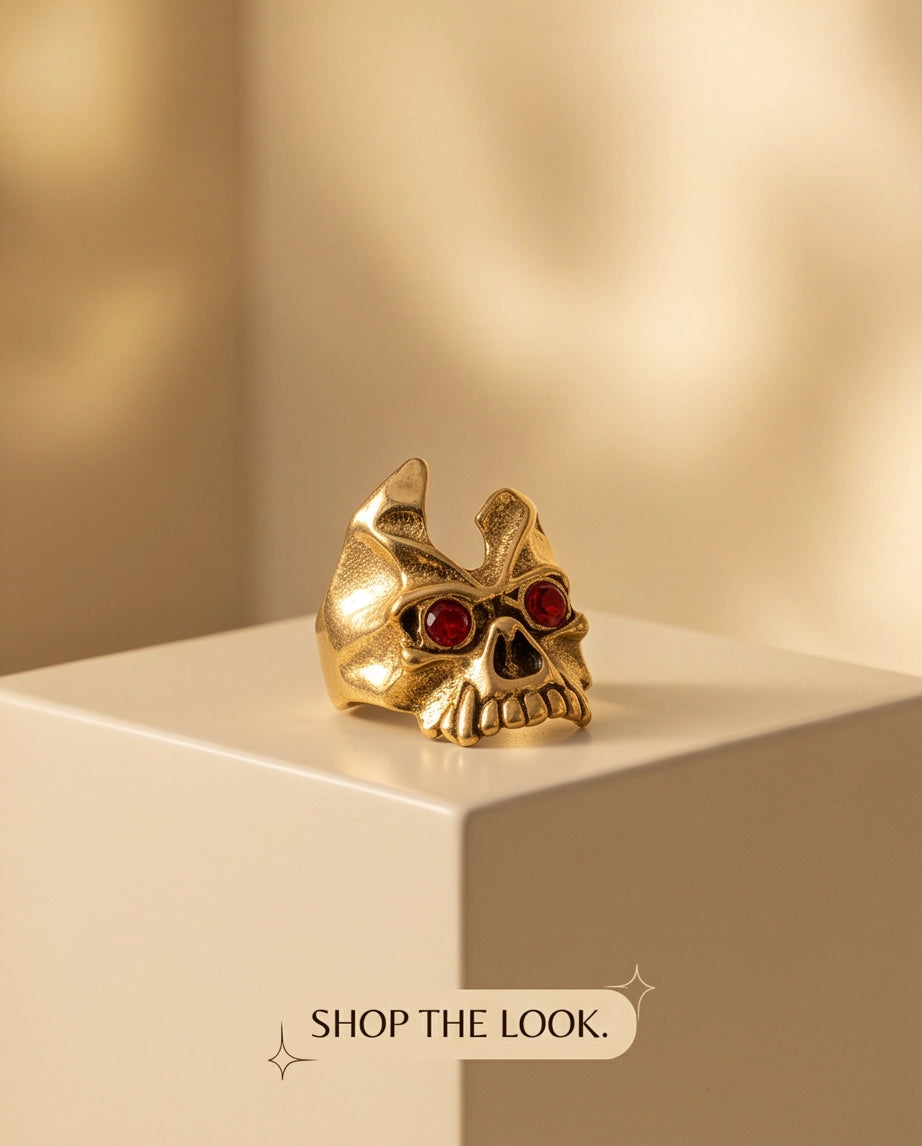Ruby-Eyed Gothic Horned Skull Gold Ring
