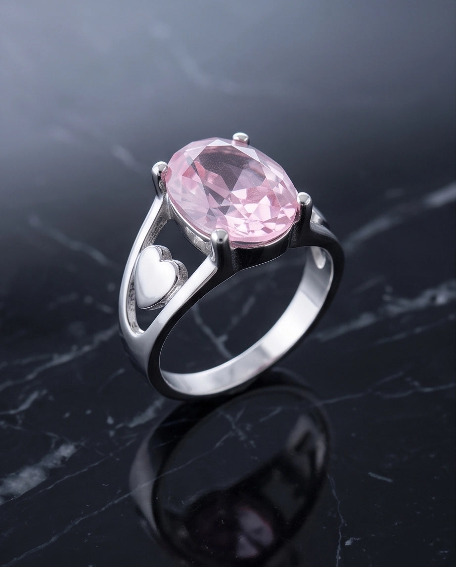 Silver Oval Pink Gemstone Heart Detail Solitaire Ring