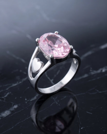 Silver Oval Pink Gemstone Heart Detail Solitaire Ring