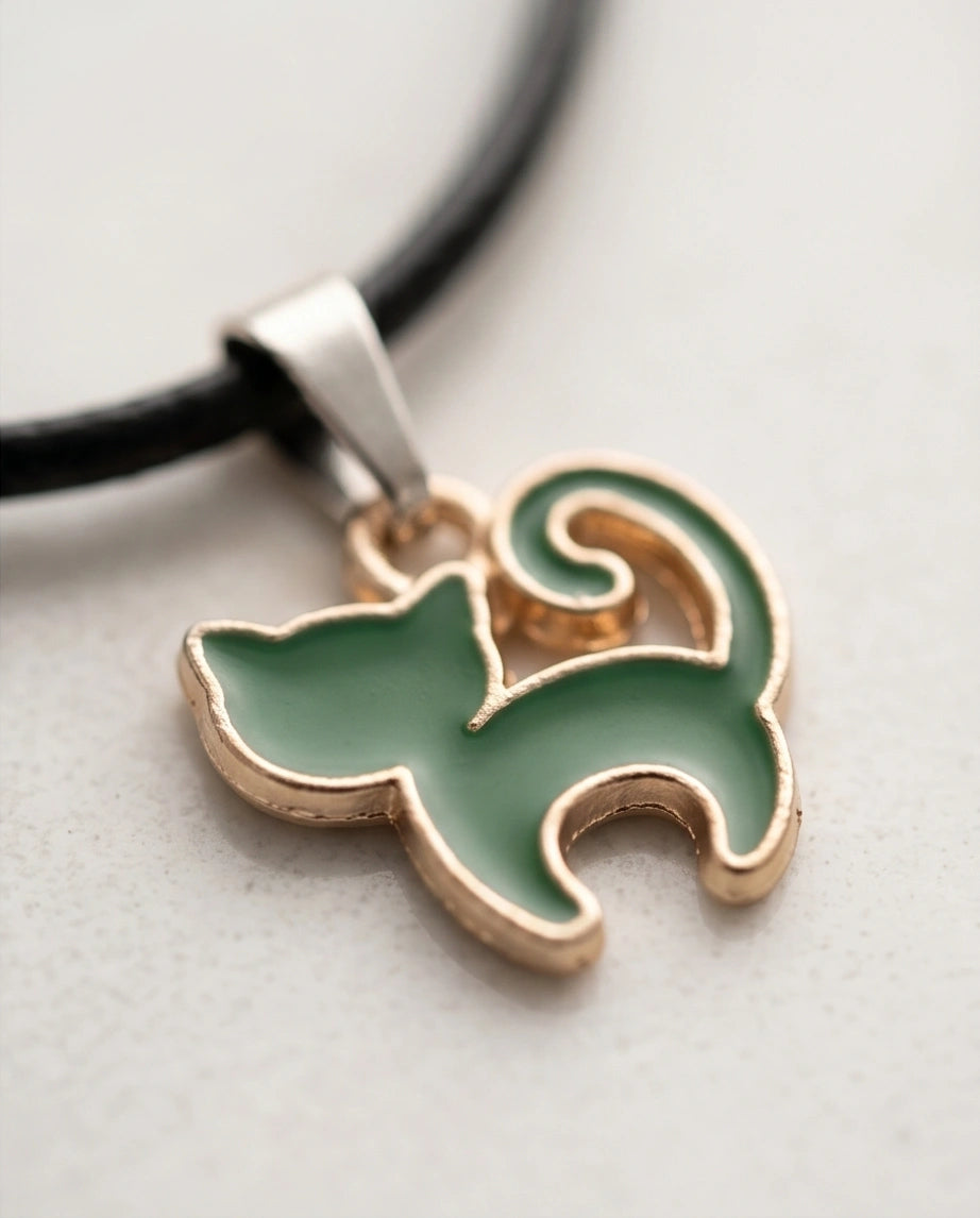Gold and Green Cat Pendant Necklace