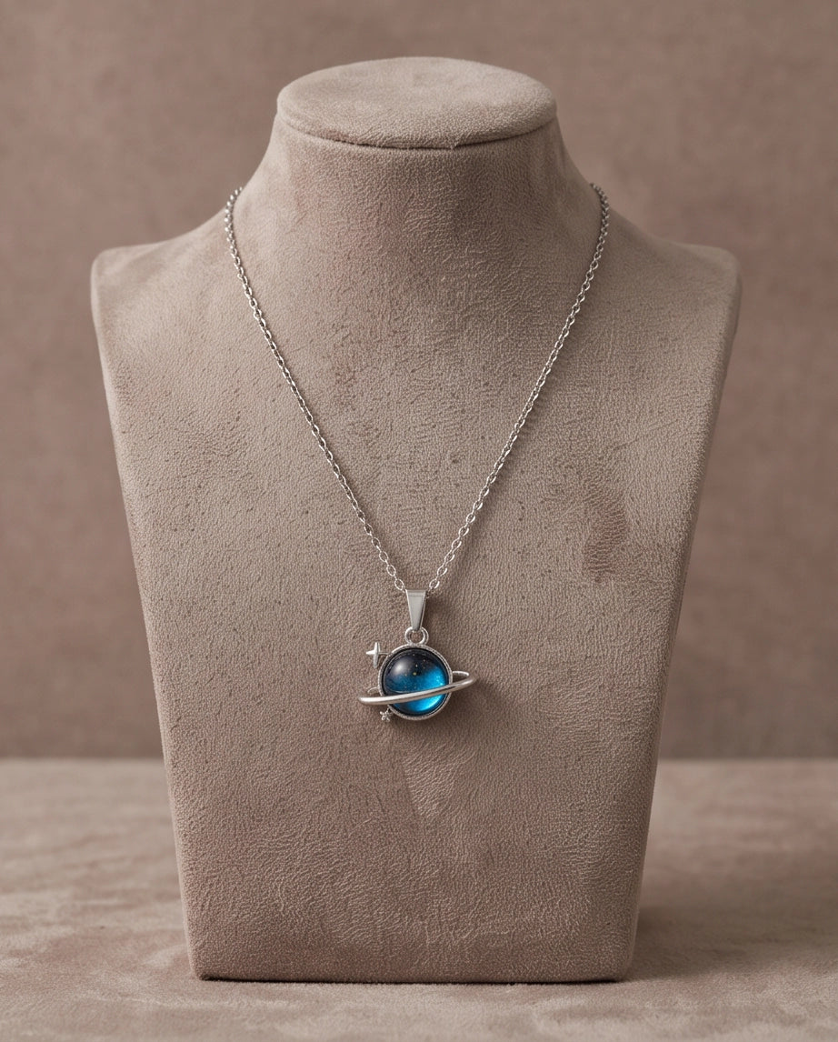 Silver Cosmic Saturn Galaxy Ring Pendant Necklace