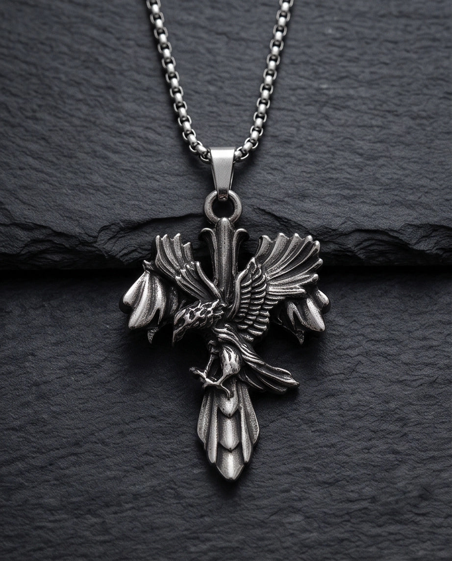 Silver Raven Gothic Cross Pendant Necklace