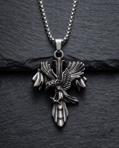 Silver Raven Gothic Cross Pendant Necklace