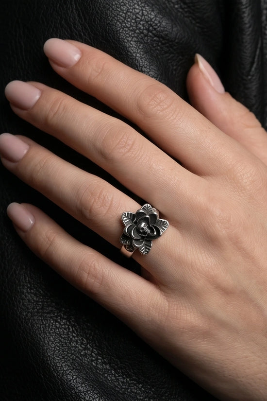 Gothic Sterling Silver Skull Rose Ring