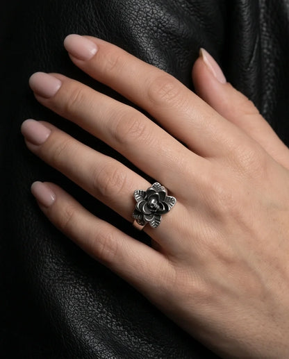 Gothic Sterling Silver Skull Rose Ring