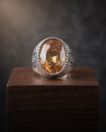 Citrine Gemstone Notched Bezel Geometric Diamond Silver Ring