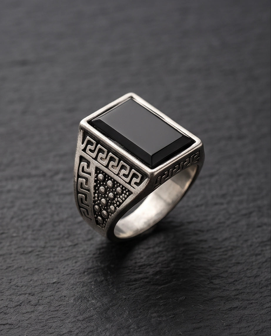 Onyx Gemstone Rectangular Flat-Top Greek Key Silver Ring