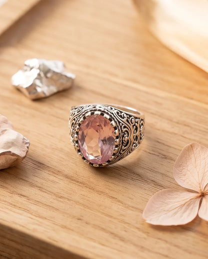 Morganite Gemstone Notched Bezel Scrollwork Silver Ring