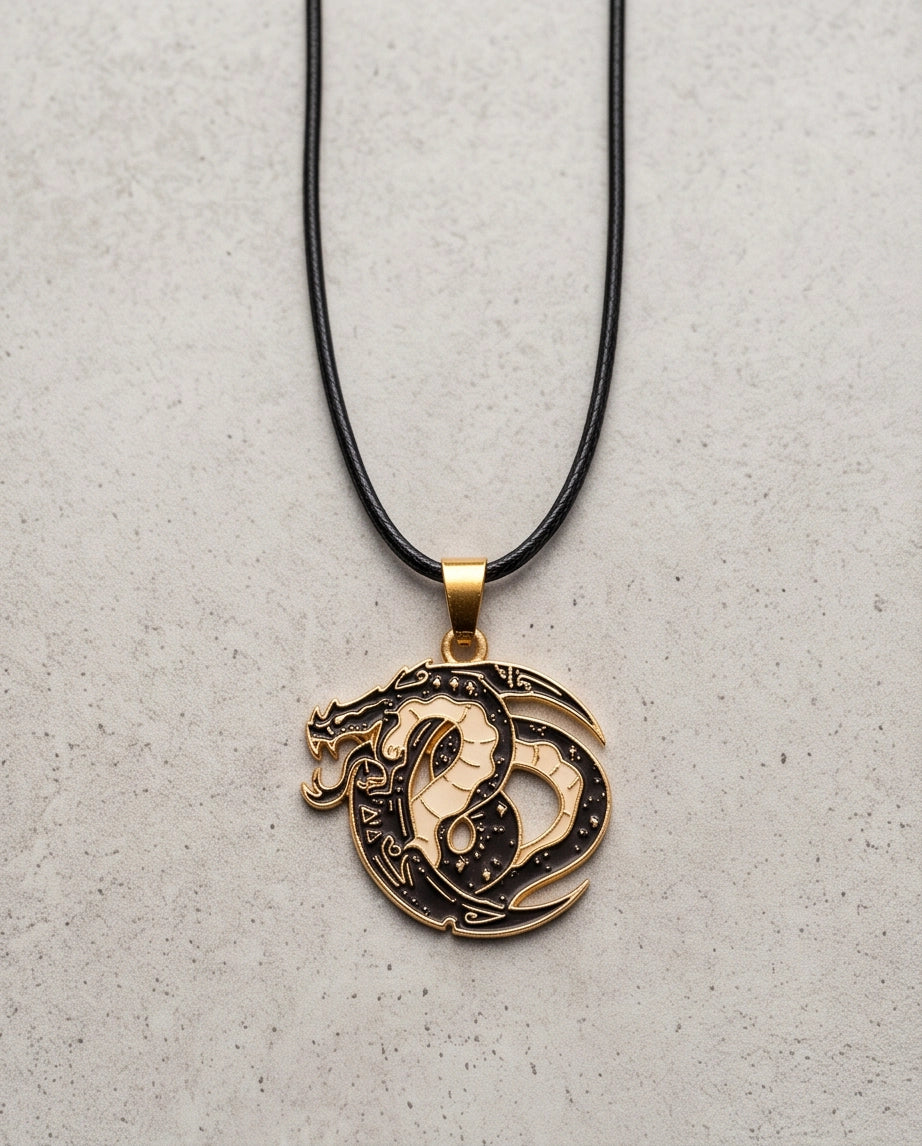 Gold Coiled Dragon Black & White Enamel Pendant Necklace