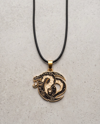 Gold Coiled Dragon Black & White Enamel Pendant Necklace