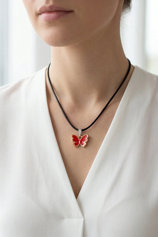 Gold and Red Butterfly Pendant Necklace