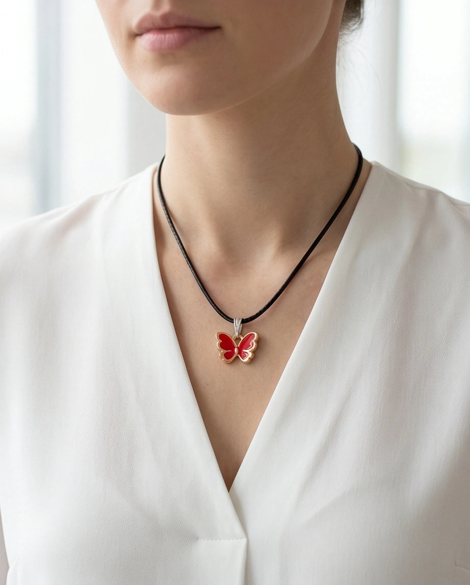 Gold and Red Butterfly Pendant Necklace