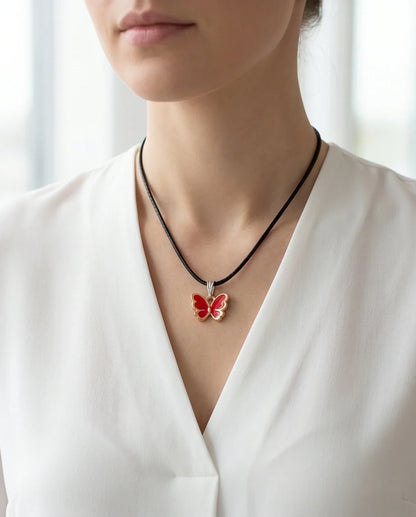 Gold and Red Butterfly Pendant Necklace