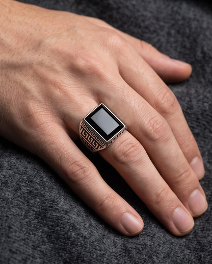 Black Onyx Emerald-Cut Gemstone Greek Key Silver Ring