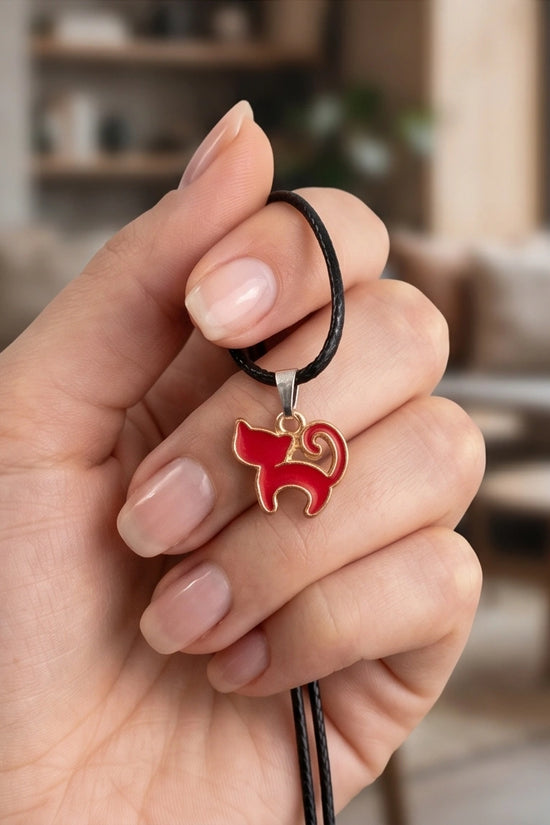Gold and Red Cat Pendant Necklace