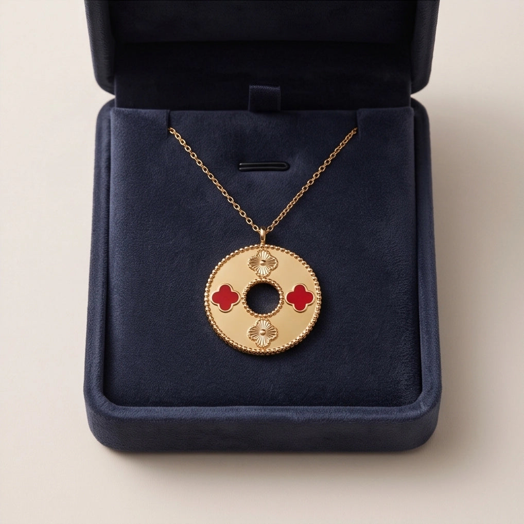 Gold Red Clover Medallion Necklace