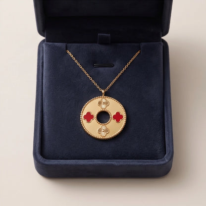 Gold Red Clover Medallion Necklace