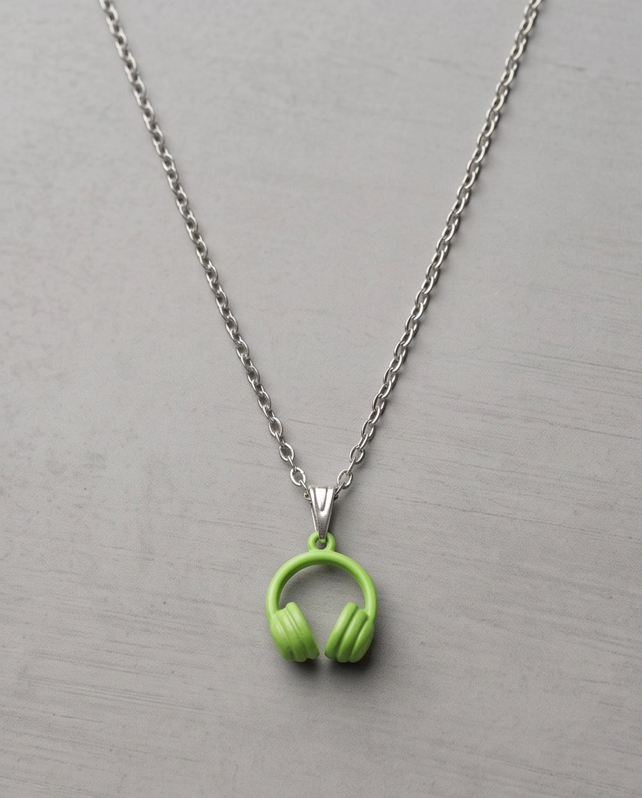 Lime Green Headphones Enamel Pendant Necklace