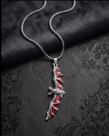 Silver Red Enamel Vampire Bat Pendant Necklace