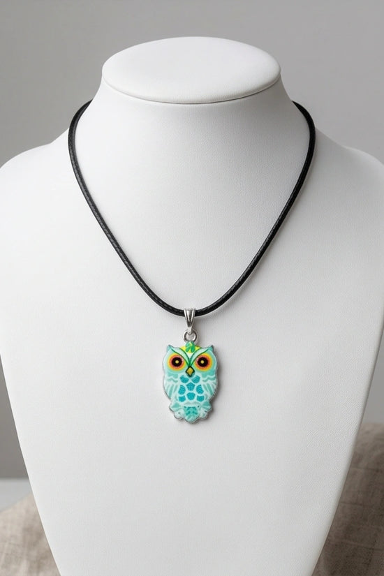 Vibrant Mint Blue Owl Totem Pendant Necklace