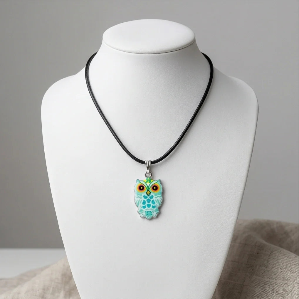 Vibrant Mint Blue Owl Totem Pendant Necklace