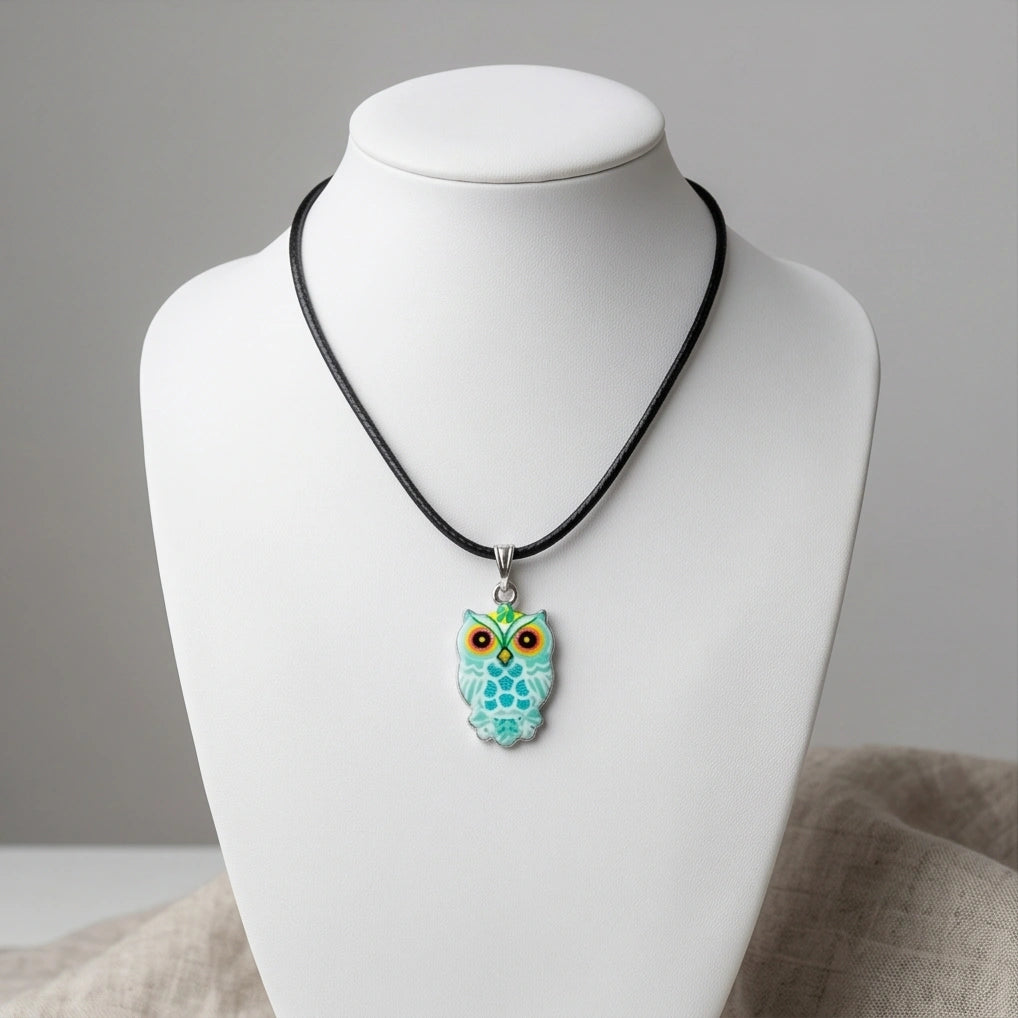 Vibrant Mint Blue Owl Totem Pendant Necklace