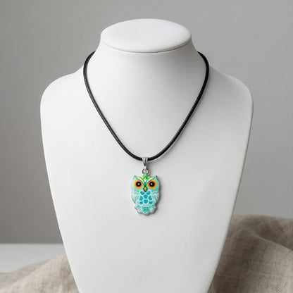 Vibrant Mint Blue Owl Totem Pendant Necklace