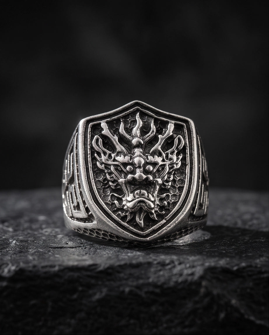 Draconic Shield Crest Silver Signet Ring