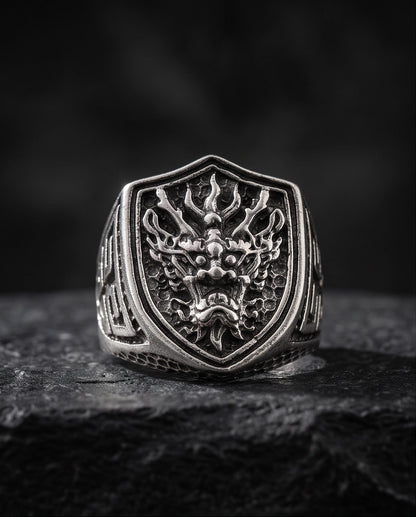 Draconic Shield Crest Silver Signet Ring