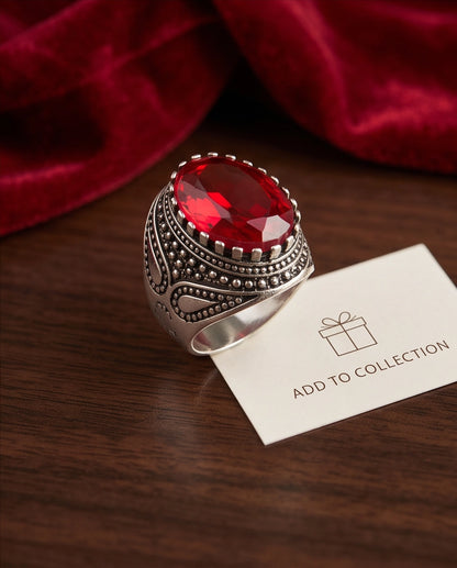 Ruby Gemstone Crown Prong Bezel Teardrop Filigree Silver Ring