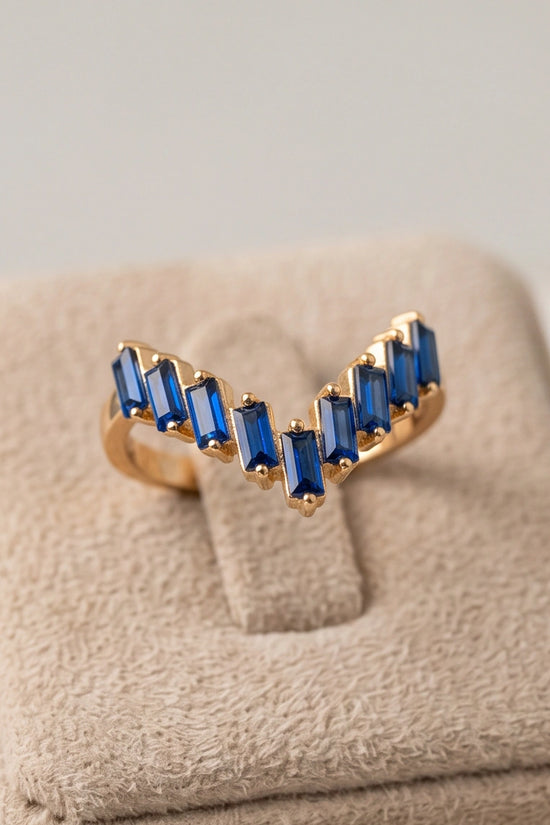 Gold Plated Blue Sapphire Baguette Tiara Ring