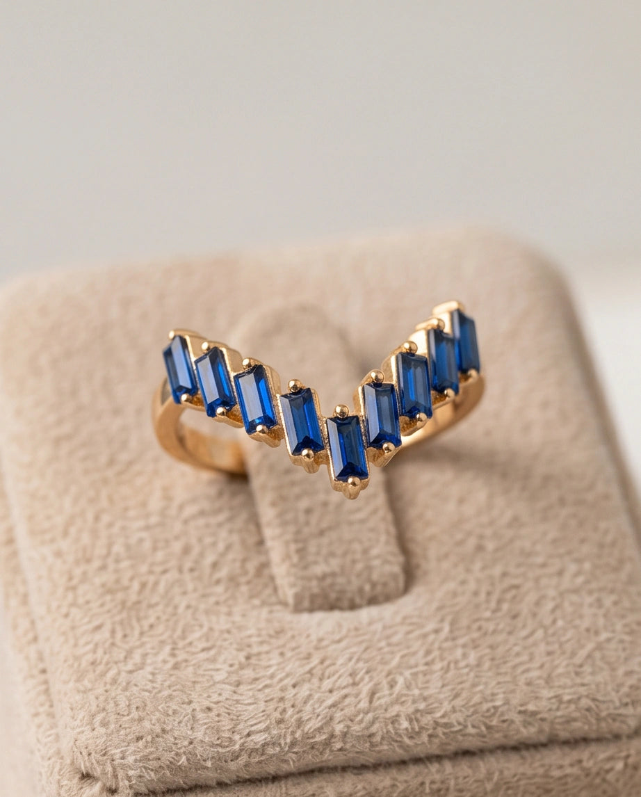 Gold Plated Blue Sapphire Baguette Tiara Ring