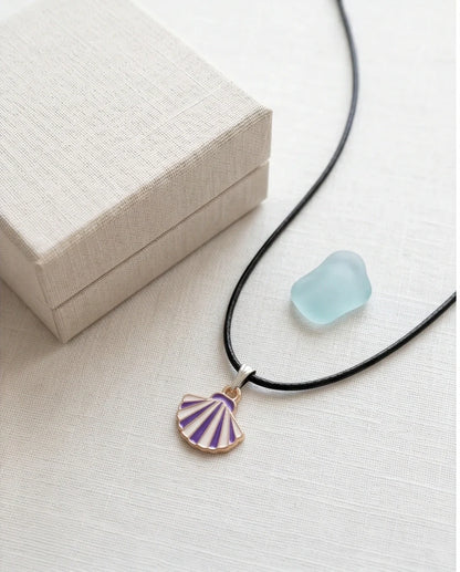 Striped Purple and White Seashell Enamel Pendant Necklace