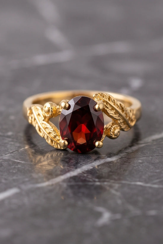 Golden Amber Garnet Botanical Leaf Ring