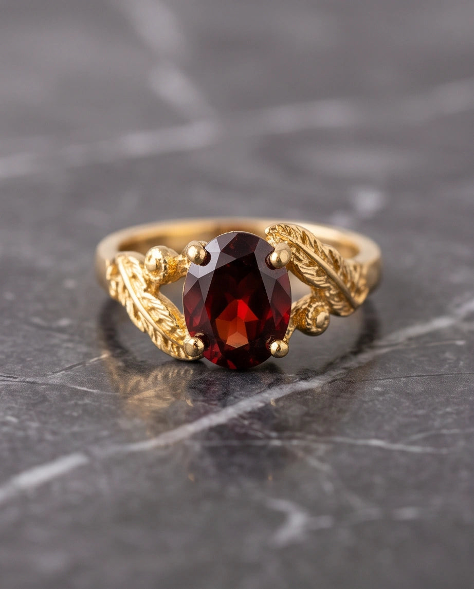 Golden Amber Garnet Botanical Leaf Ring