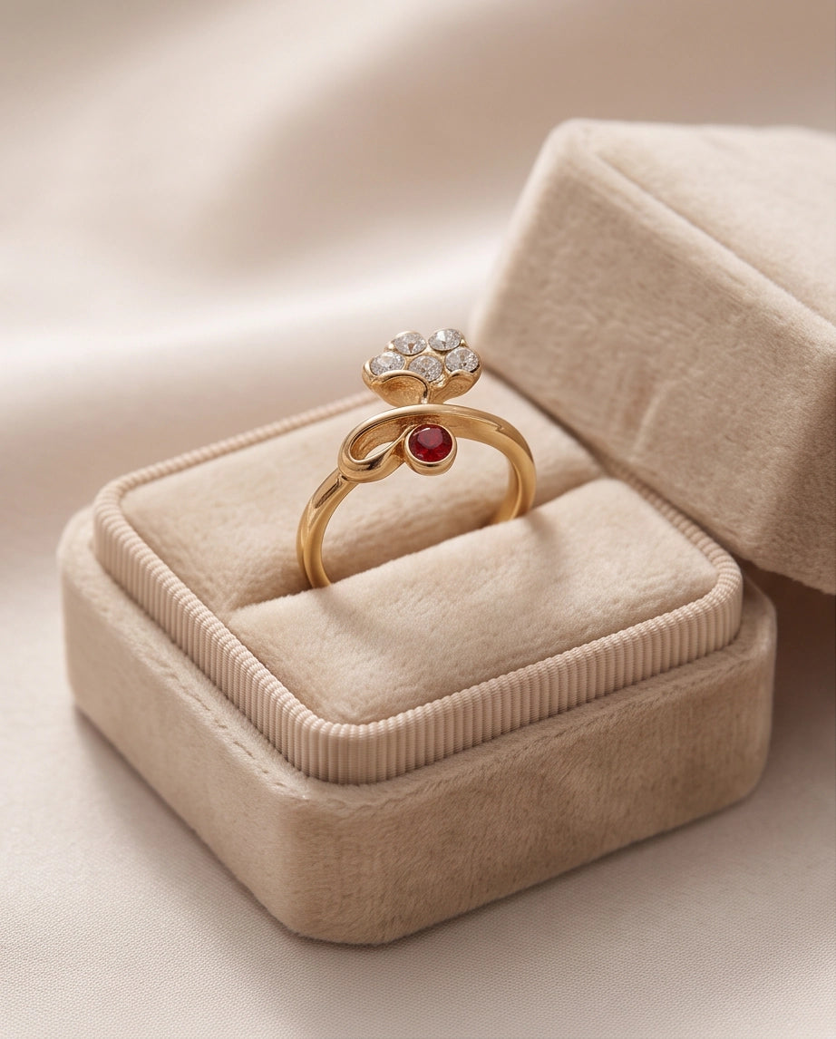 Crystal Flower & Ruby Accent Bow Ring