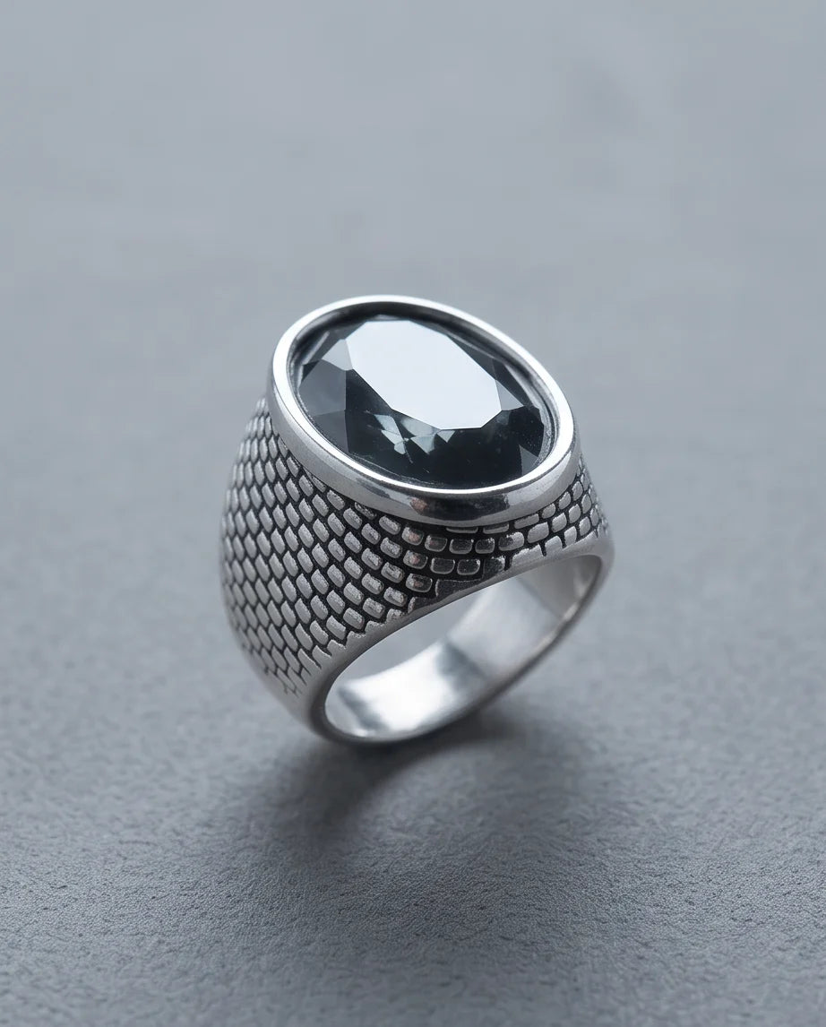Onyx Gemstone Brickwork Mesh Silver Ring