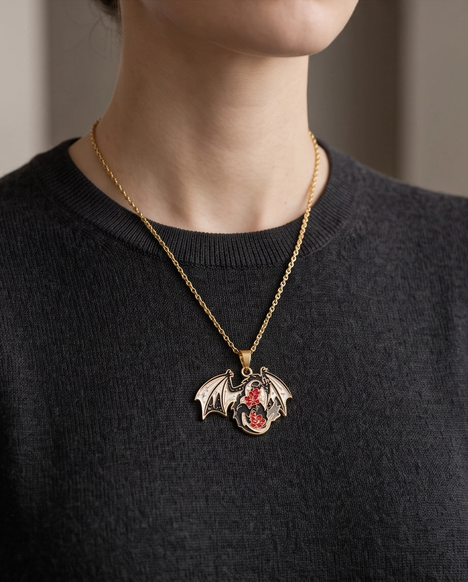 Gold Floral Dragon Black & White Enamel Pendant Necklace