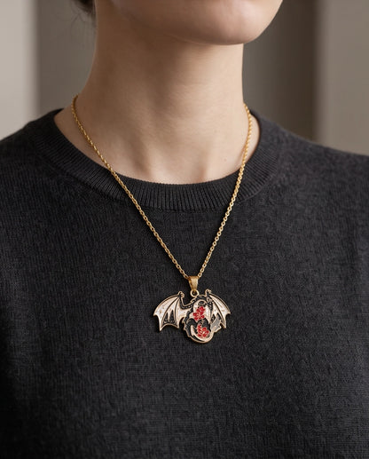 Gold Floral Dragon Black & White Enamel Pendant Necklace