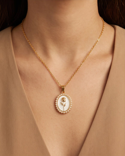 Gold Pearl Frame White Enamel Rose Oval Pendant Necklace