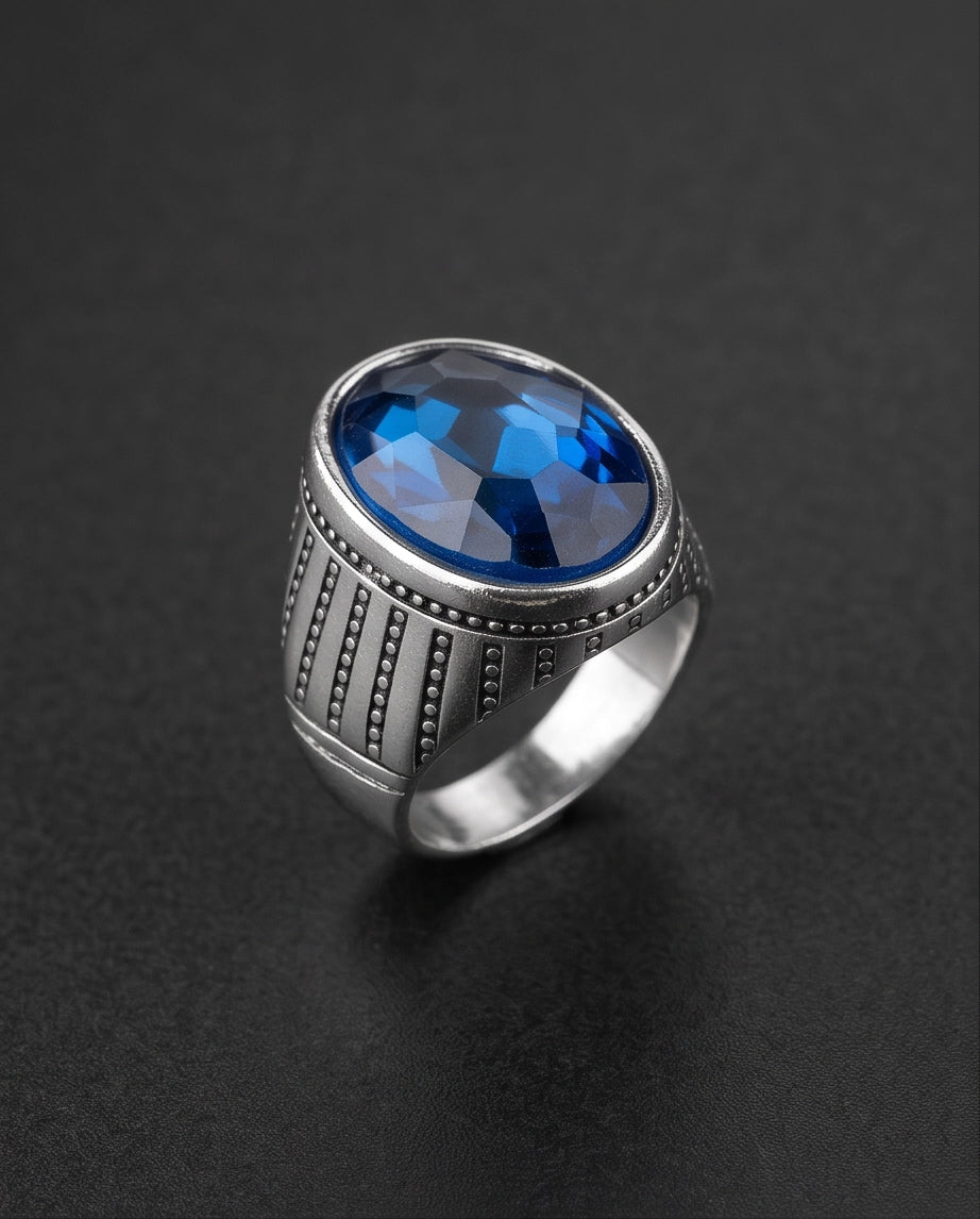 Sapphire Gemstone Beaded Surround Vertical Ribbed Silver Ring