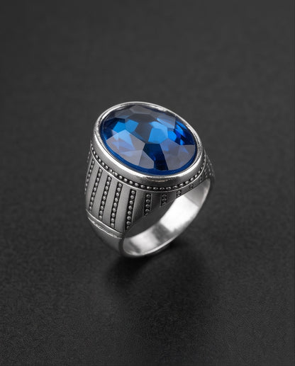 Sapphire Gemstone Beaded Surround Vertical Ribbed Silver Ring