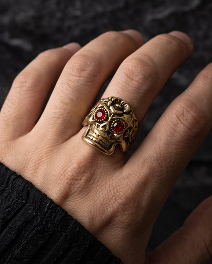 Ruby-Eyed Beaded Bezel Filigree Skull Gold Ring