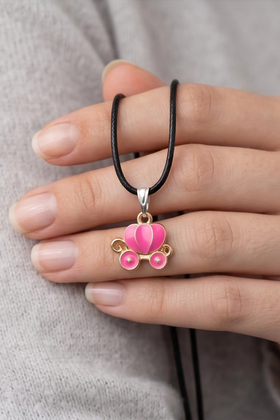 Pink Cinderella Pumpkin Carriage Enamel Pendant Necklace