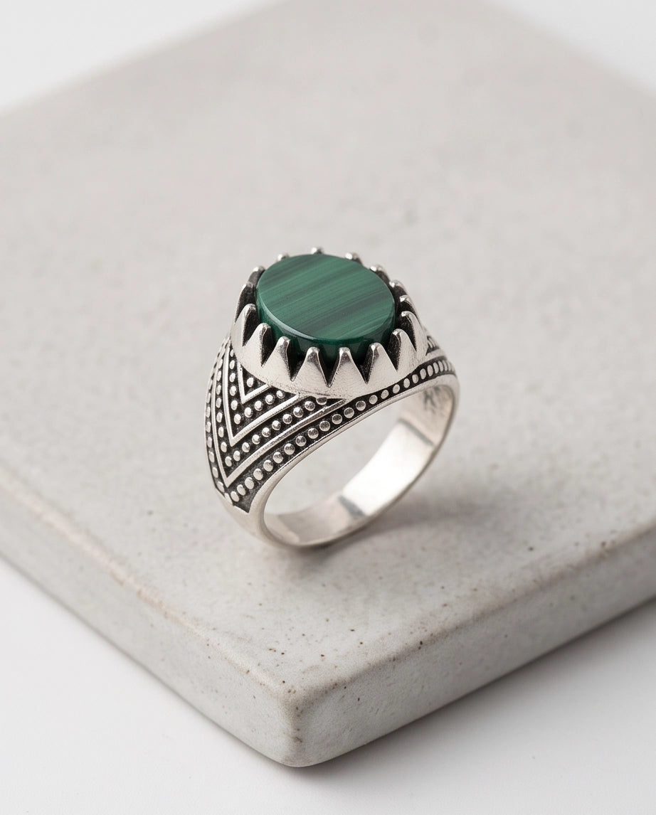 Malachite-Style Oval Cabochon Crown Bezel Chevron Stippled Silver Ring