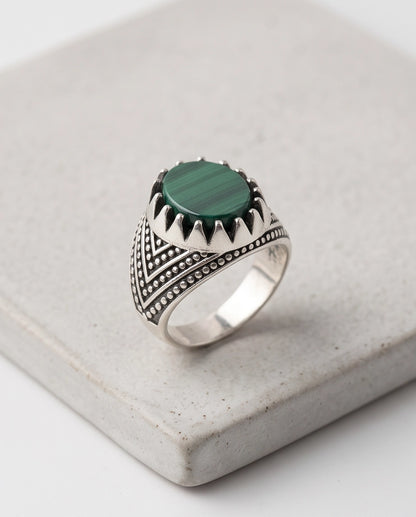 Malachite-Style Oval Cabochon Crown Bezel Chevron Stippled Silver Ring