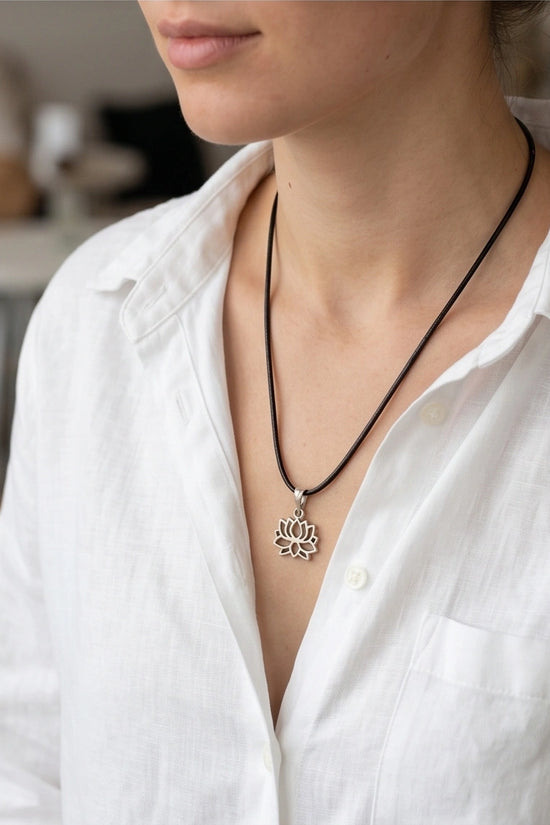 The Zen Bloom: Geometric Matte Silver Lotus Pendant Necklace
