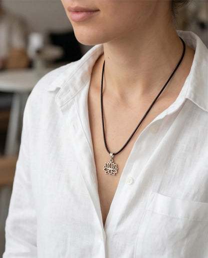 The Zen Bloom: Geometric Matte Silver Lotus Pendant Necklace
